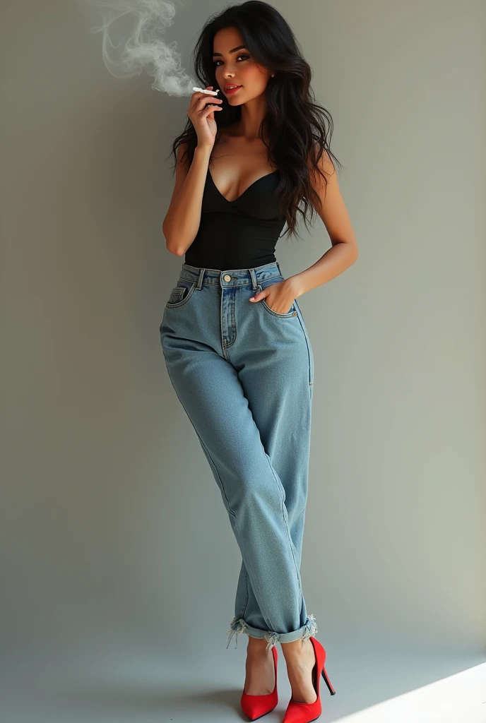 Woman 27 years old, Egyptian face with wavy hair, with red escarpins high heels of 12 cm, light blue large jeans, exhaling the smoke of her cigarette