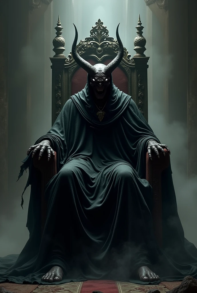 A demon without horns wearing a black cloak, seated on your throne