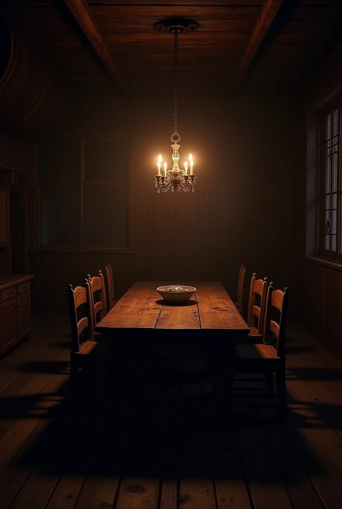 Image of a completely dark room with a wooden floor, wooden walls and a dining room in the middle. The room is only lit by a chandelier in the middle of the dining room., The dining room is made of old wood.
Give it to me without a window, so that it is completely dark, only illuminated by the chandelier that is above the dining room.
The chandelier is in the dining room, it is a hand-held chandelier, IT IS NOT ON THE CEILING.