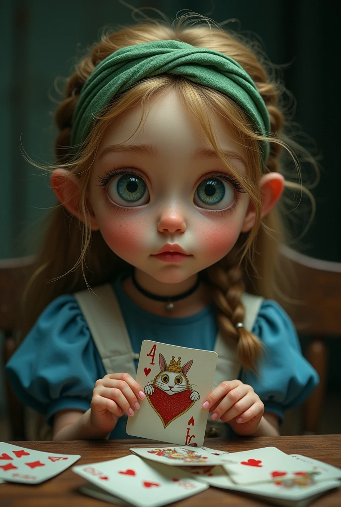 Capture a moment of deep contemplation by depicting Alice with the playing cards in Alice in Wonderland. Her expression should be a mixture of curiosity and a hint of unease, as if she is deeply questioning reality and her place in it. Her large eyes should be wide open, reflecting the surreal world around her. Smiling Cheshire|cat, clock, Queen of Hearts, caterpillar, white rabbit, playing cards, within the kingdom of Wonderland, etc. Lighting should be soft yet dramatic, casting gentle shadows that emphasise the depth of her thoughts. Her hair is slightly dishevelled, as if she has been on a long journey, and the iconic green headband is slightly slanted, adding to her pensive feel. The colour palette is a mix of soft pastels and dark, introspective tones, creating a balance between innocence and the complexity of her thoughts.