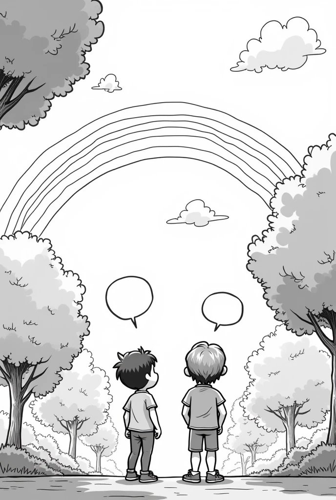create black and white images to color, from this scene and the dialogue of each person with a speech bubble Scene 1: In the park

Realistic: ¡Mira, Pedro! A double rainbow! You don't see something like that every day.

pessimistic:  Yeah, but I'm sure it's going to rain later and we're going to get soaked.


