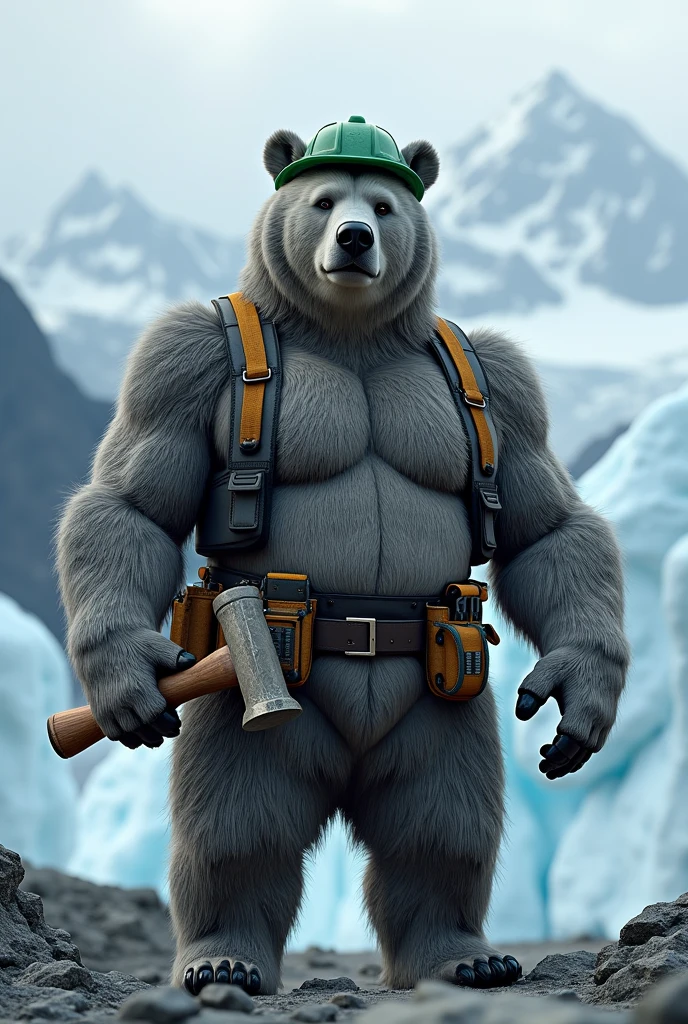 (photorealism:1.2), large grey Bear standing in front of a glacier wearing a green hard hat, and a black vest, and construction tool belt  with hammer in hand
