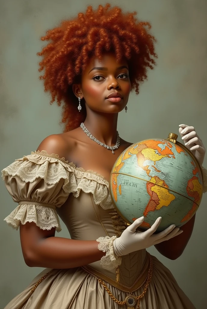 A short, slightly chubby black woman with long, curly red hair, wearing regency clothing, holding a globe in her hand.