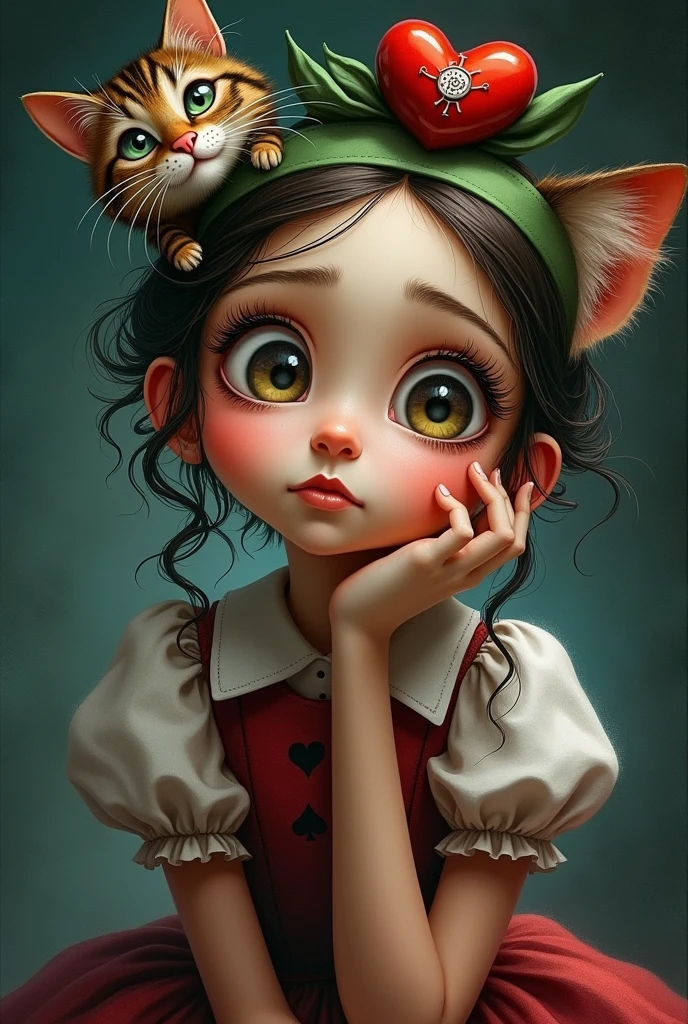 Draw a full-body portrait of the Queen of Hearts in Alice in Wonderland to capture a moment of deep contemplation. Her expression should be a mixture of curiosity and a hint of unease, as if she is deeply questioning reality and her place in it. Her large eyes should be wide open, reflecting the surreal world around her. Smiling Cheshire|cat, clock, Queen of Hearts, caterpillar, white rabbit, playing cards, within the kingdom of Wonderland, etc. Lighting should be soft yet dramatic, casting gentle shadows that emphasise the depth of her thoughts. Her hair is slightly dishevelled, as if she has been on a long journey, and the iconic green headband is slightly slanted, adding to her pensive feel. The colour palette is a mix of soft pastels and dark, introspective tones, creating a balance between innocence and the complexity of her thoughts.