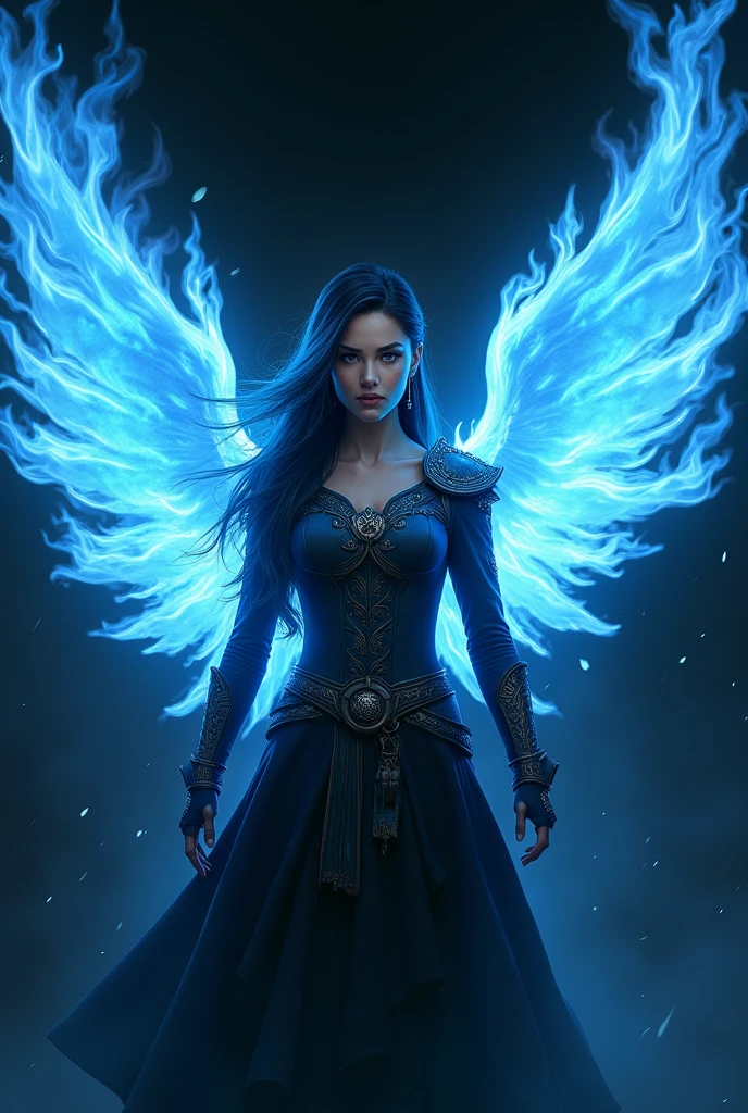 woman flying with blue fire in the form of wings behind her with her hands down wearing a warrior outfit and an all black background