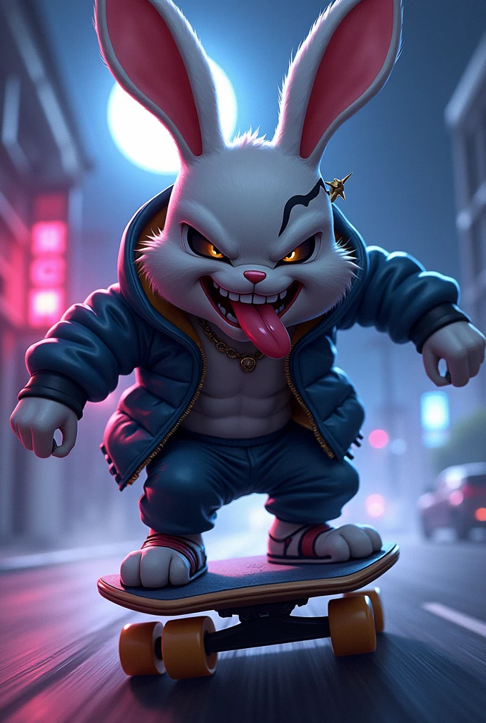 Human Rabbit, wearing skater clothes in a gangster style, on top of a skateboard with high-speed effects, with a malicious grin with a big, sharp tongue sticking out (tongue out) and scar on the eye, earring in ear, a night with lighting tones pulled towards purple and a touch of blue, moonlight style art: アニメ