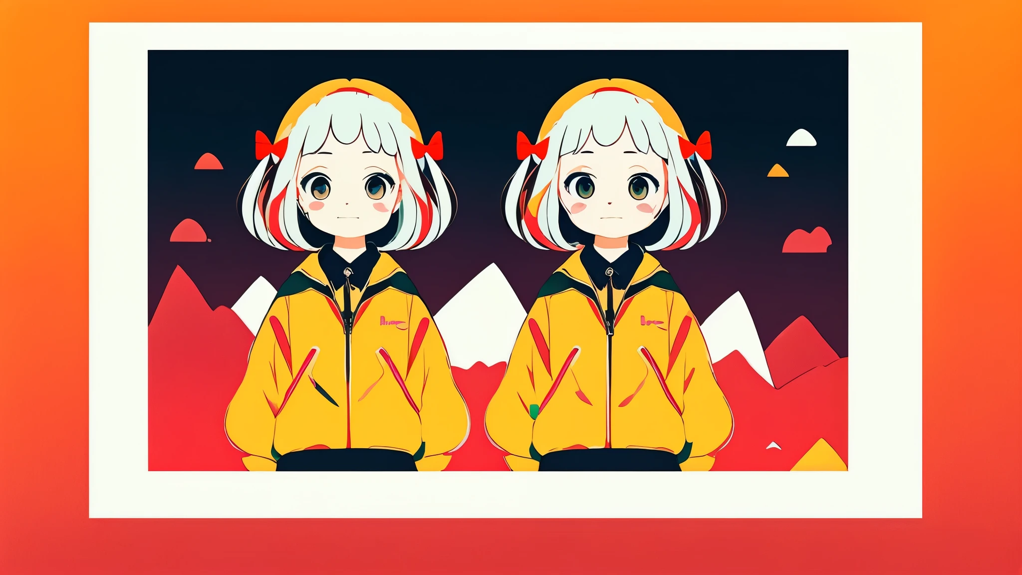 clean、Minimalist、Vector art、gradient cake scary hair、whiteいパーカー、Tactical clothing（orange、white）、strong stroke around image、simple and abstract design paper cute background、Solid color background、Or pastel colors、Masterpiece、Highest quality