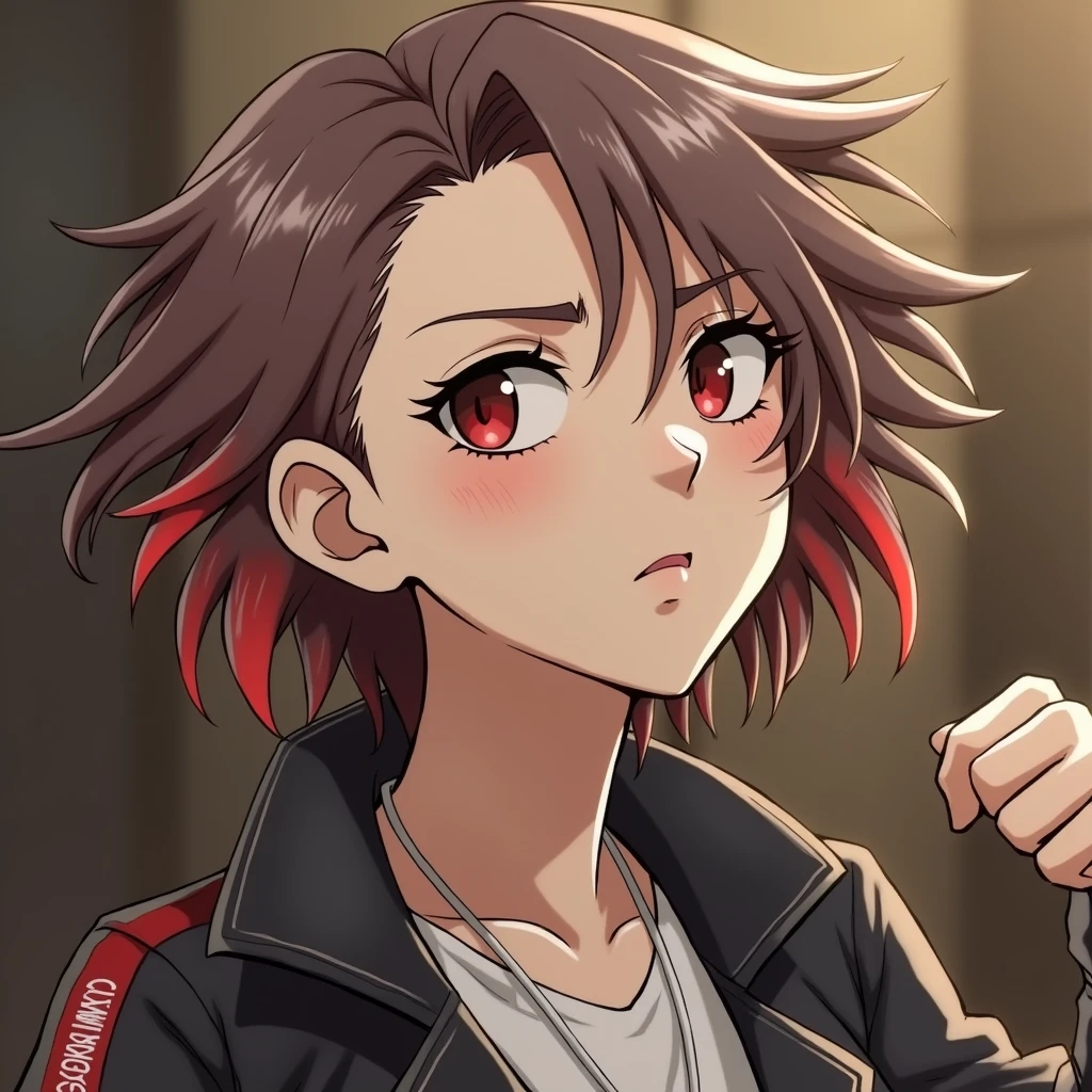 Slim girl with a well-worked body of white skin, messy short dark brown hair with red streaks, red eyes, Irritated facial expression. Japanese gang uniform in black with the emblem of a red scorpion on the back, and on the sleeves it says Red Scorpion Tokyo Revengers style drawing 