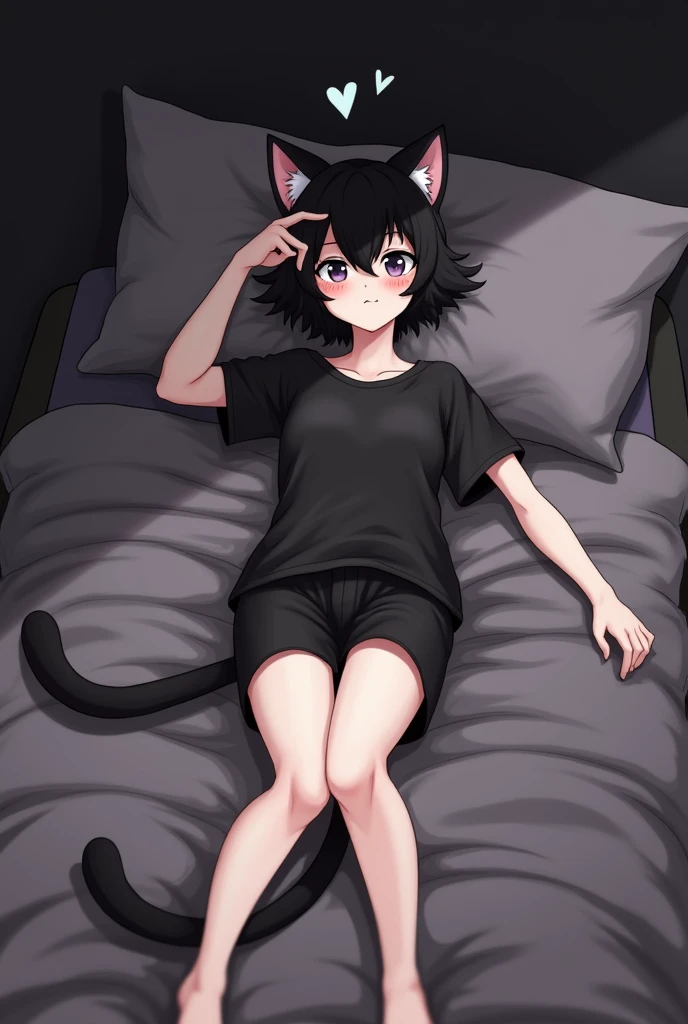 Catboy, Furry Cat, Furry Art, Slim, Blushing, Black hair, laying in bed, black baggy shirt, black shorts, White Boy, in Love, Tail, Drawn Hearts, Horny, Homosexual, Male, Man