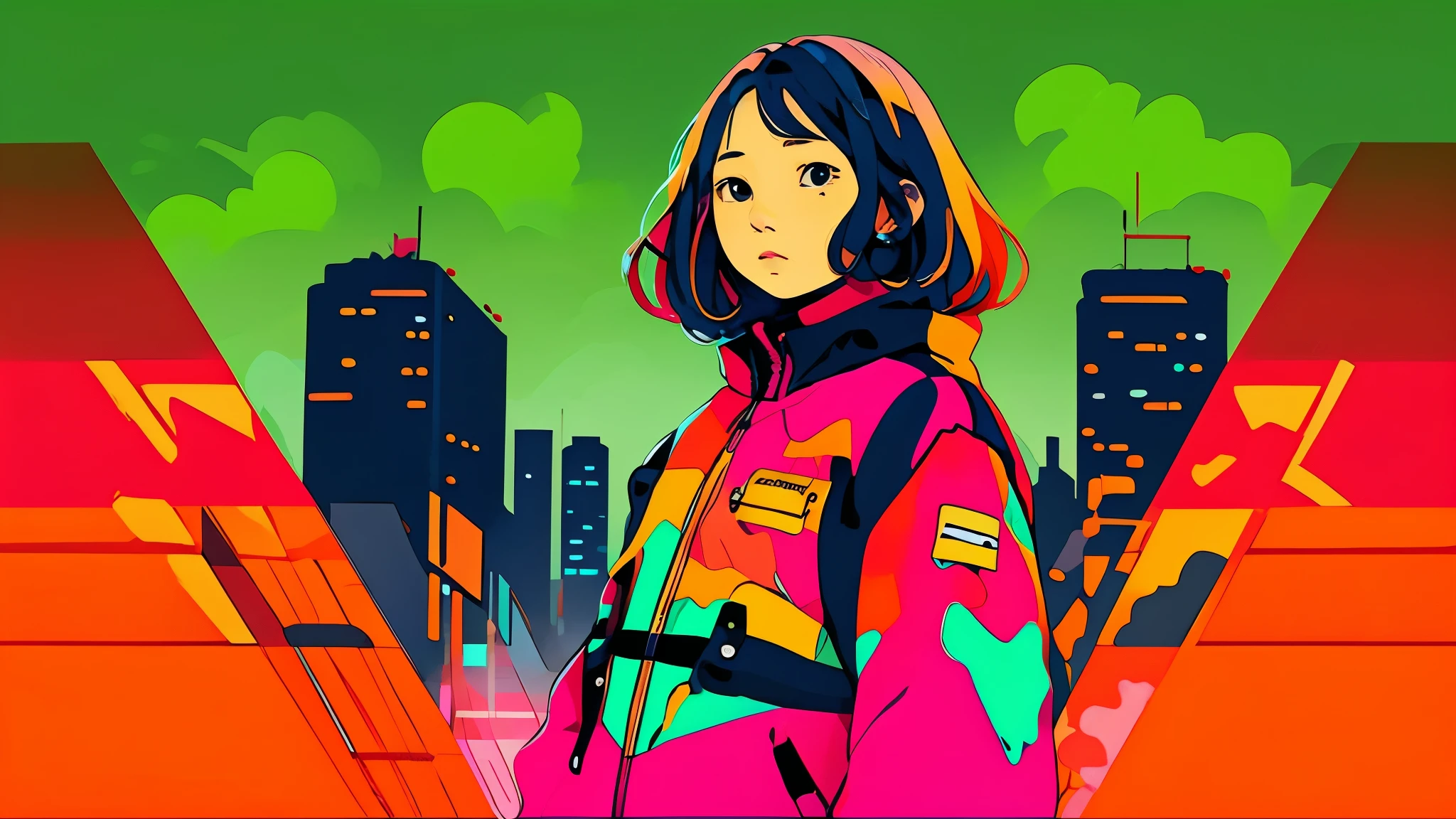 clean、Minimalist、Vector art、gradient cake scary hair、whiteいパーカー、Tactical clothing（orange、white）、strong stroke around image、simple and abstract design paper cute background、Solid color background、Or pastel colors、Masterpiece、Highest quality