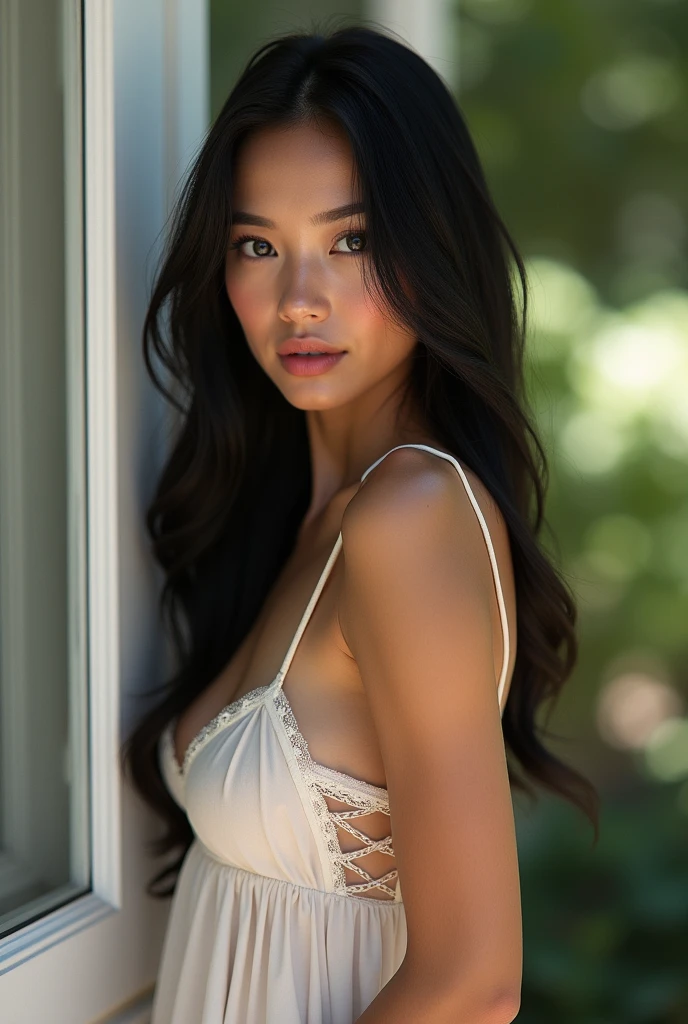 Very beautiful and stunning Scandinavian brunette of 22 years old with mid length very straight Black hair with a center parting. Her face is slender high cheekbones with large eyes and full lips wearing some make-up. He eyes are dark blue. She is wearing a lot cut summer dress and she is pulling up the dress to show her underwear. She is leaning slightly forward on a blurred outdoor background and has a very natural appeal and Nordic beauty about her