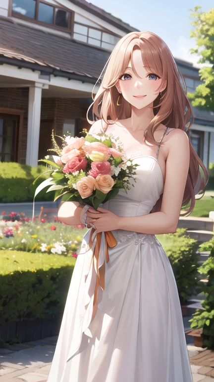 masterpiece, best quality, highres, aamiyako, long hair, jewelry, earrings, wedding dress, holding bouquet, garden, smile