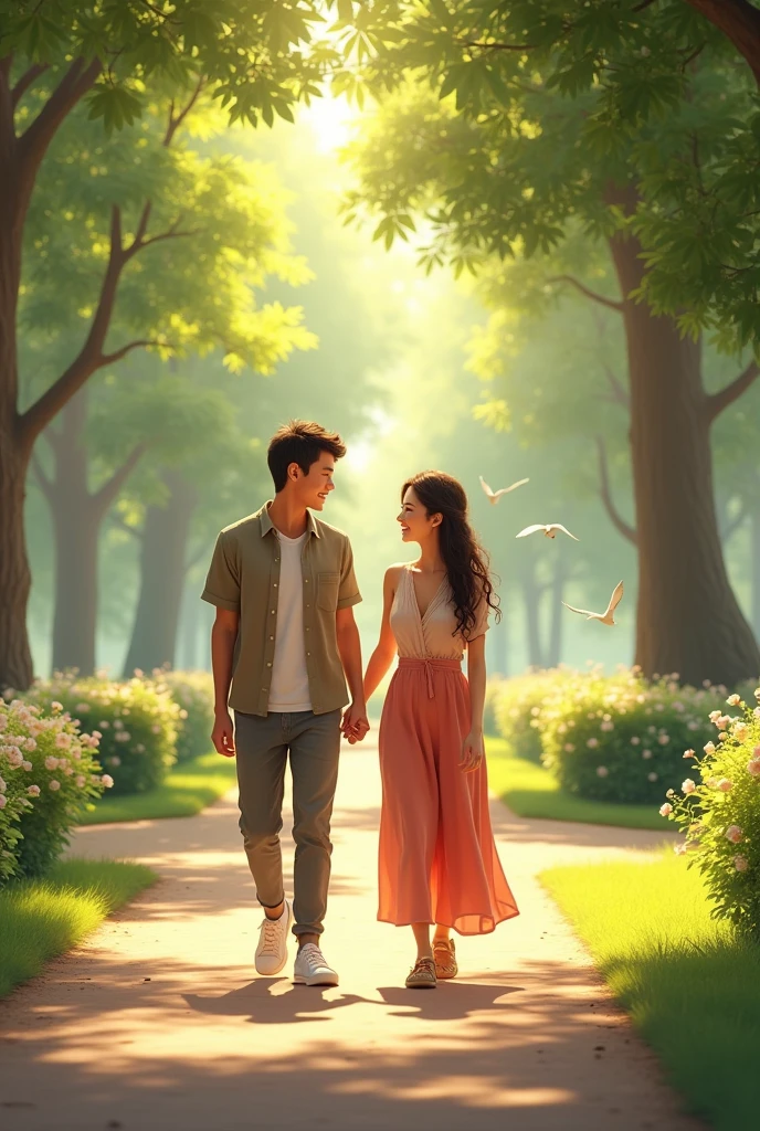 park, Sunnyday. John and Lucia smile at each other., while they walk together