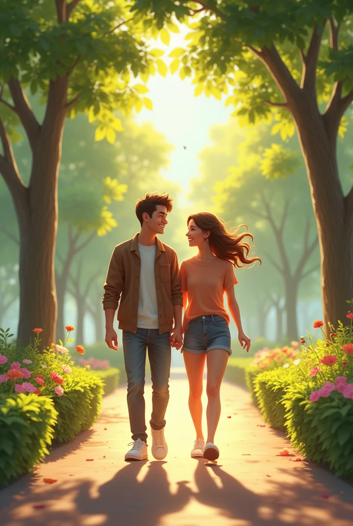 park, Sunnyday. John and Lucia smile at each other., while they walk together