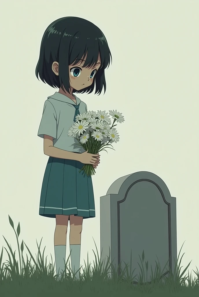 Black-skinned anime girl retro with straight black hair , slim, blue-eyed, short stature, Looking at a grave with white flowers in her hands