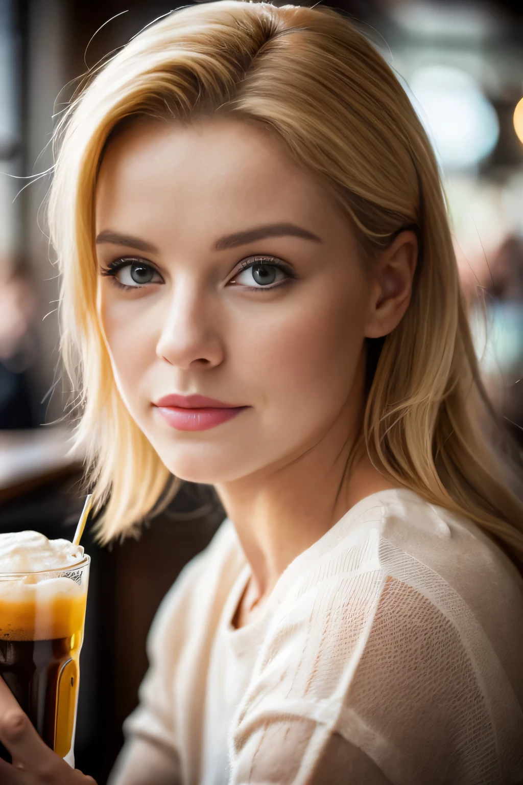Belle blonde aux reflets blonds portant un pull beige (in a café drinking soda), Very detailed, 22 ans, visage innocent, wavy hair, Yeux verts, visage de Marilyn Monroe, High resolution, Masterpiece, Best quality, intricate high detail, highly detailed, mise au point nette, detailed skin, realistic skin texture, texture, detailled eyes, professionnel, 4K, sourire charmant, pouty lips, filmed on Canon, 85 mm, faible profondeur de champ, Couleur Kodak Vision, perfect fit body, Extremely detailed, photographier_\(ultra\), photoreallistic, Realstic, Post-traitement, maximum details, roughness, real life, ultra realist, photorealism, photographie, 8K UHD, photographie cowboy shot, with a pint of Guinness