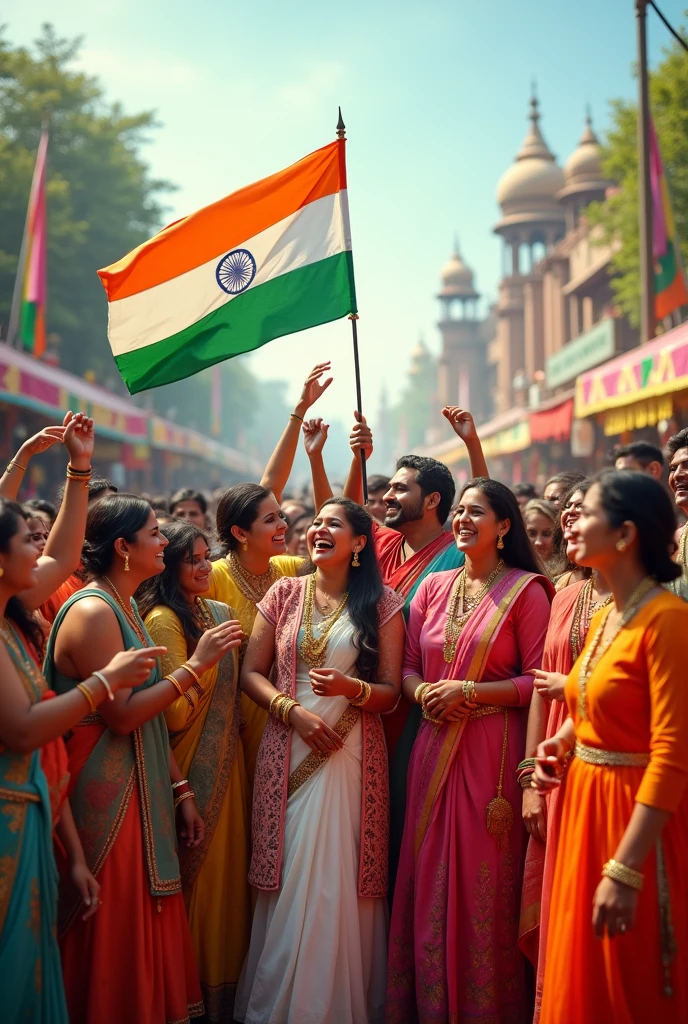 “Design an image showcasing a diverse group of people dressed in traditional Indian attire, holding the national flag, and celebrating with joy and unity, symbolizing India’s rich cultural heritage.”