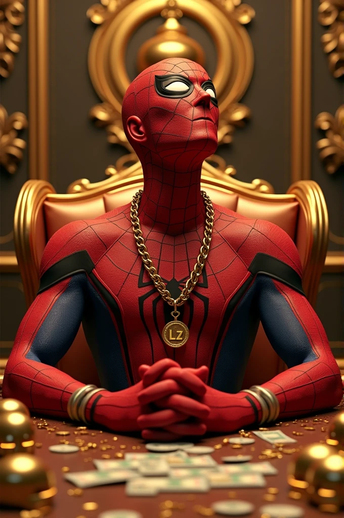 Generate a 3D photo of Spiderman in a very beautiful room full of gold things with his hand on a table with his fingers crossed and sitting on an armchair with gold skulls on top of his table and money in front of his table, him sitting with his fingers crossed on top of the table looking up and with a gold chain around his neck and in the middle of the chain it says Lz
