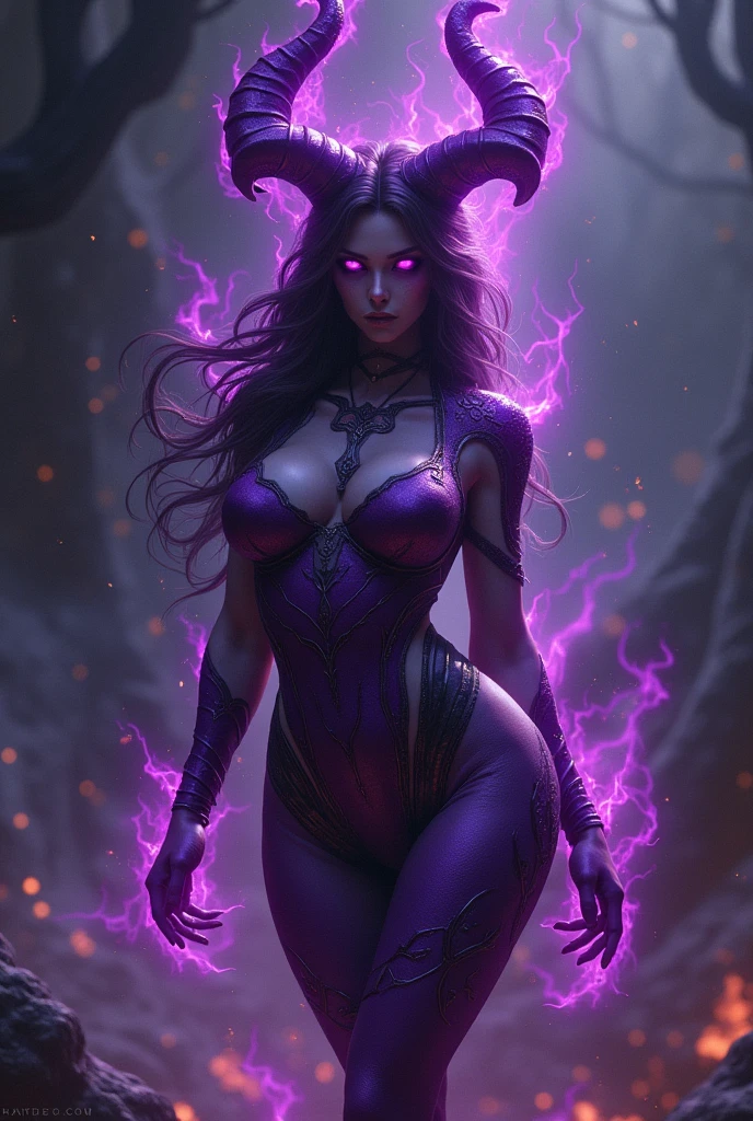 Make a fire demon woman with purple and black coloration and dark purple flames.