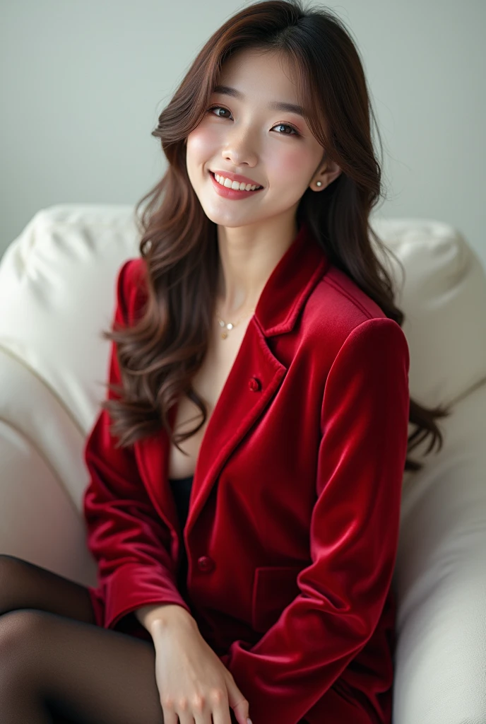 A woman wearing a red hat is sitting on a white sofa。, Black Stockings, Cute and elegant pose, Asian women in Arafe, Shirahime cut hairstyle, Neat hair with bangs, Kurohime cut hair, Cute girl - Beautiful face, Ulzzang, Beautiful Japanese Face, Cute - Beautiful - Face, Center-parted bangs, Brown hair and bangs, Brown hair with bangs, Korean, Graceful smile pose, korean female fashion model, Velvet Stockings, Black and red silk clothing, かわいいKorean女優, In a dress, Dressed in red velvet