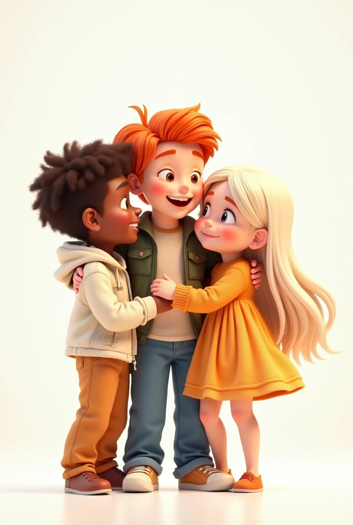 a strawberry blonde boy, a brown boy, a brown-haired girl and a platinum blonde girl, Group of friends, animated ALL WHITES