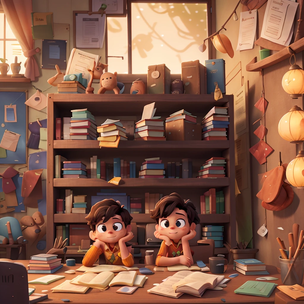  with elbows resting on the table, Holding the face with your hands, looking at the books without interest. The table is messy, with papers scattered. only one person in the photo