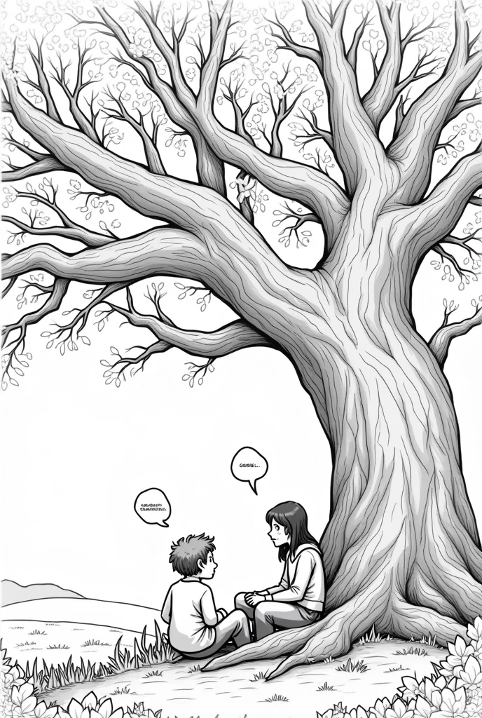 create black and white images to color, Set the scene and each person's dialogue with a speech bubble.
Scene 2: Under a tree
Realistic: Well, at least we're under this big tree. It will protect us a little if it rains.
pessimistic: Until the wind blows and soaks us anyway.