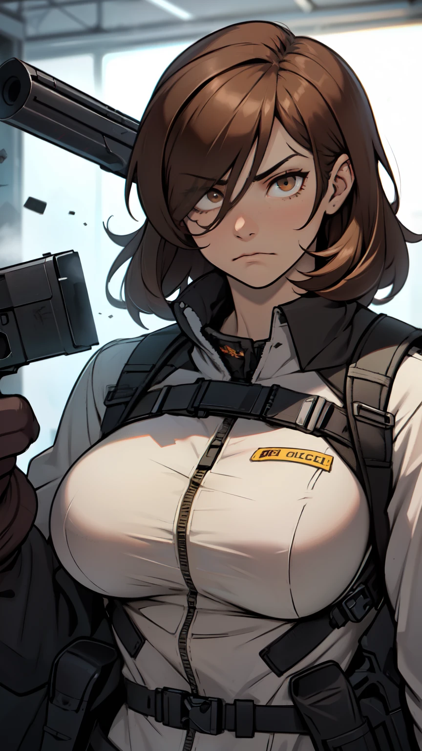 brown hair hazel eyes solo muscular girl toned body perky breasts empty eyes frown thick pale skin shooting range weapon gun firearm tactical gear shooting range weapon gun firearm tactical gear shooting range weapon gun firearm tactical gear 