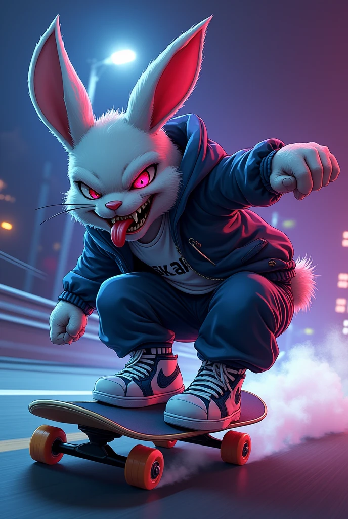 Human Rabbit, wearing skater clothes in a gangster style, on top of a skateboard with high-speed effects, with a malicious grin with a big, sharp tongue sticking out (tongue out) and scar on the eye, earring in ear, a night with lighting tones pulled towards purple and a touch of blue, moonlight style art: アニメ
