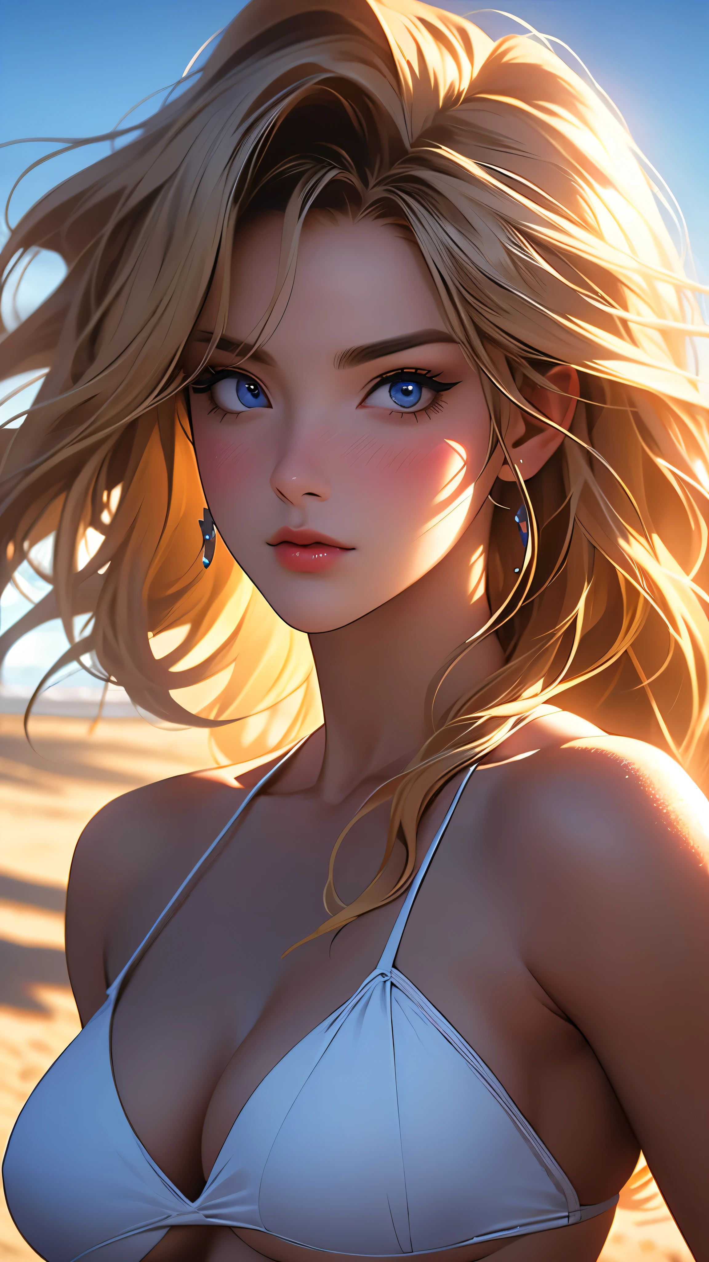 a beautiful woman in a white bikini standing on a beach, looking directly at the viewer, with long blonde hair blowing in the wind, blue eyes, and a slight blush on her cheeks, surrounded by palm trees, a cloudy blue sky, and waves crashing against the shore, masterpiece, photorealistic, ultra-detailed, hyper-realistic, 8k, cinematic lighting, vibrant colors, dramatic composition, (Perfect details:1.1), (Beautiful and clear background:1.2), (Extremely detailed CG, Ultra detailed, best shadow:1.1), (Finely detailed beautiful eyes)