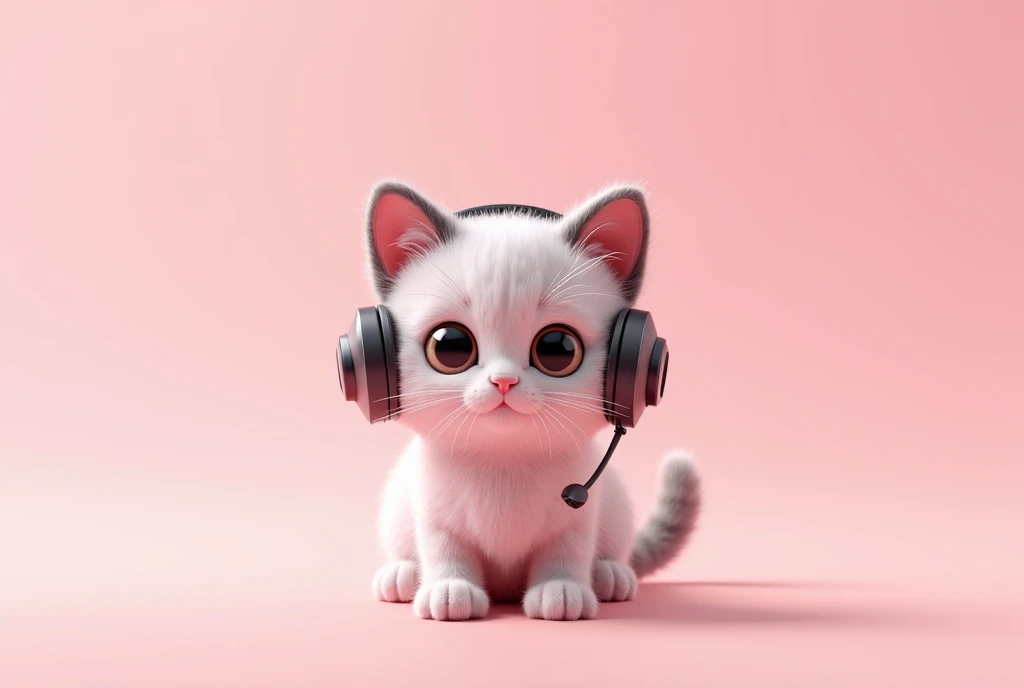 light pink background a headset with a 3d
cute cat in center fluffy