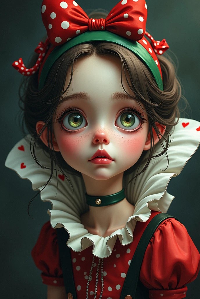 Draw a full-body portrait of the Queen of Hearts in Alice in Wonderland to capture a moment of deep contemplation. Her expression should be a mixture of curiosity and a hint of unease, as if she is deeply questioning reality and her place in it. Her large eyes should be wide open, reflecting the surreal world around her. Smiling Cheshire|cat, clock, Queen of Hearts, caterpillar, white rabbit, playing cards, within the kingdom of Wonderland, etc. Lighting should be soft yet dramatic, casting gentle shadows that emphasise the depth of her thoughts. Her hair is slightly dishevelled, as if she has been on a long journey, and the iconic green headband is slightly slanted, adding to her pensive feel. The colour palette is a mix of soft pastels and dark, introspective tones, creating a balance between innocence and the complexity of her thoughts.
