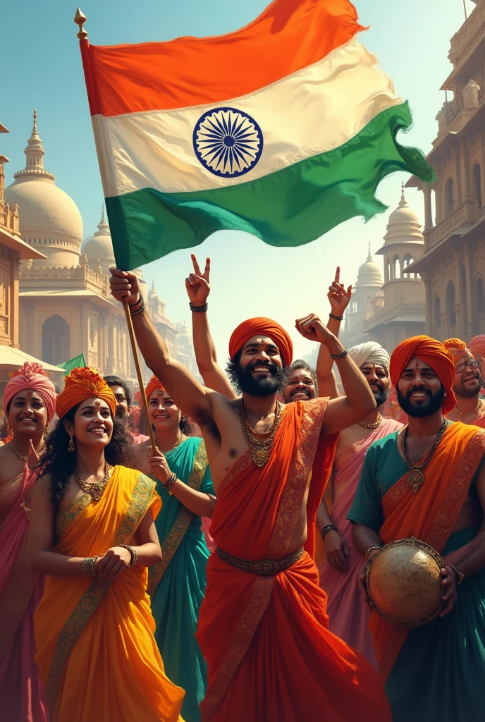 “Design an image showcasing a diverse group of people dressed in traditional Indian attire, holding the national flag, and celebrating with joy and unity, symbolizing India’s rich cultural heritage.”
