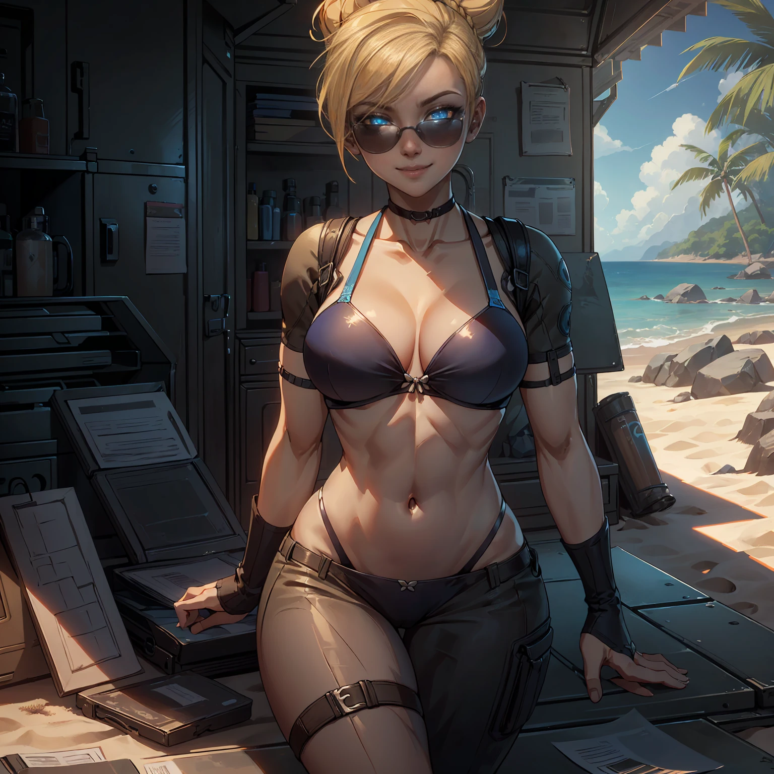 ((solo,1woman, mature, alone))), Cassie Cage , ((blonde hair, undercut, single hair bun, glowing blue eyes, sunglasses, wide eyes, body fur, makeup, narrow waist, skinny, medium breasts)), pelvic curtain, ((black bikini)), full body, perfect body, (insanely detailed, beautiful detailed face, masterpiece, best quality), (extremely detailed 8k paper CG wall unit: 1.1), (beach settings, dusk), (smile face for the viewer),