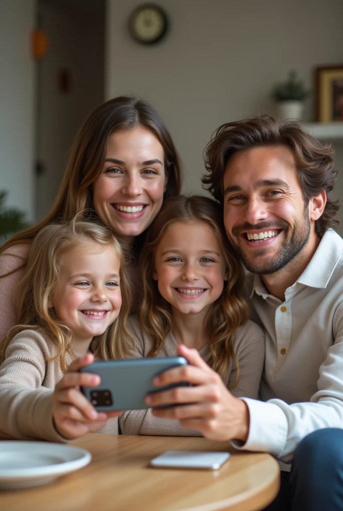 Create an image with a happy family using a mobile phone.