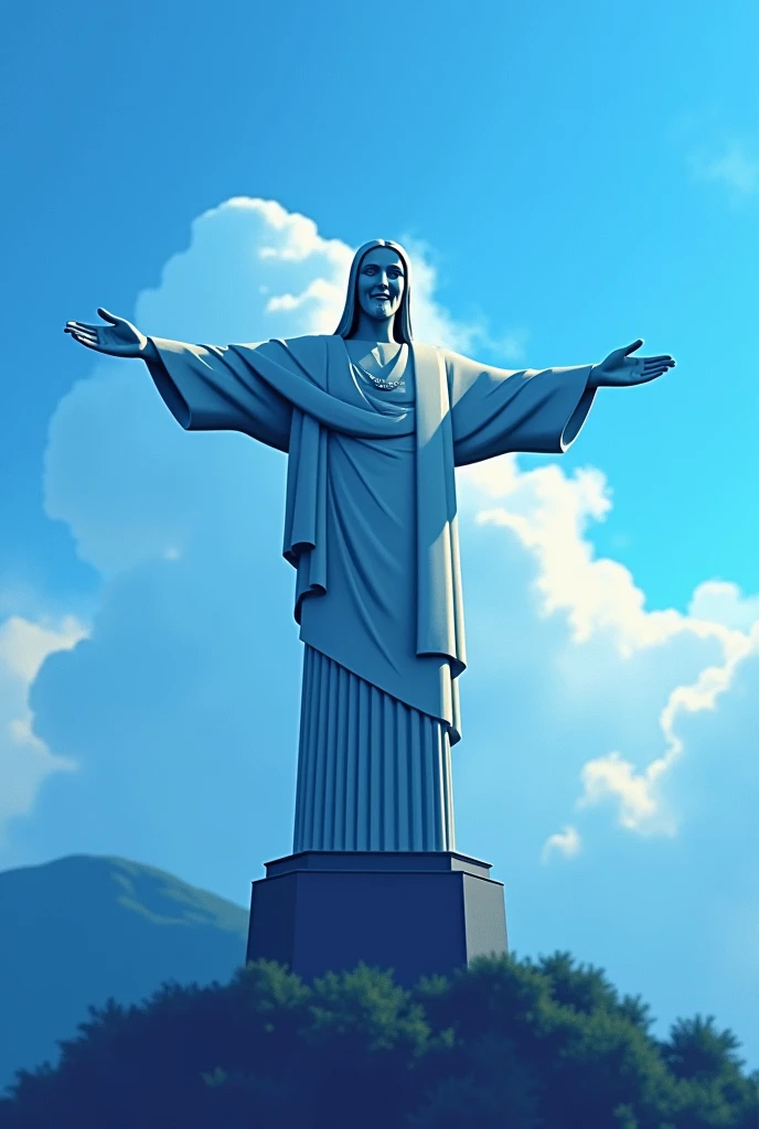 Create an image of Christ the Redeemer in Rio de Janeiro, but with an artistic interpretation where the statue makes the gesture of "jewerly" with one hand. Use a palette of blue tones for the entire image. The statue should be shown in its iconic pose, But with the detail of the gesture "jewerly" Outstanding, capturing a friendly and positive expression. The background sky should be blue, with some scattered clouds in soft shades of blue. The lighting should enhance the textures of the statue and create a harmonious contrast with the sky