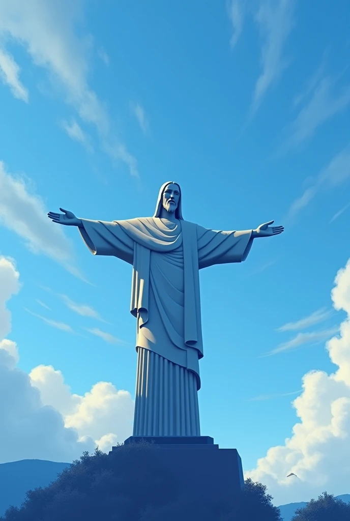 Create an image of Christ the Redeemer in Rio de Janeiro, but with an artistic interpretation where the statue makes the gesture of "jewerly" with one hand. Use a palette of blue tones for the entire image. The statue should be shown in its iconic pose, But with the detail of the gesture "jewerly" Outstanding, capturing a friendly and positive expression. The background sky should be blue, with some scattered clouds in soft shades of blue. The lighting should enhance the textures of the statue and create a harmonious contrast with the sky