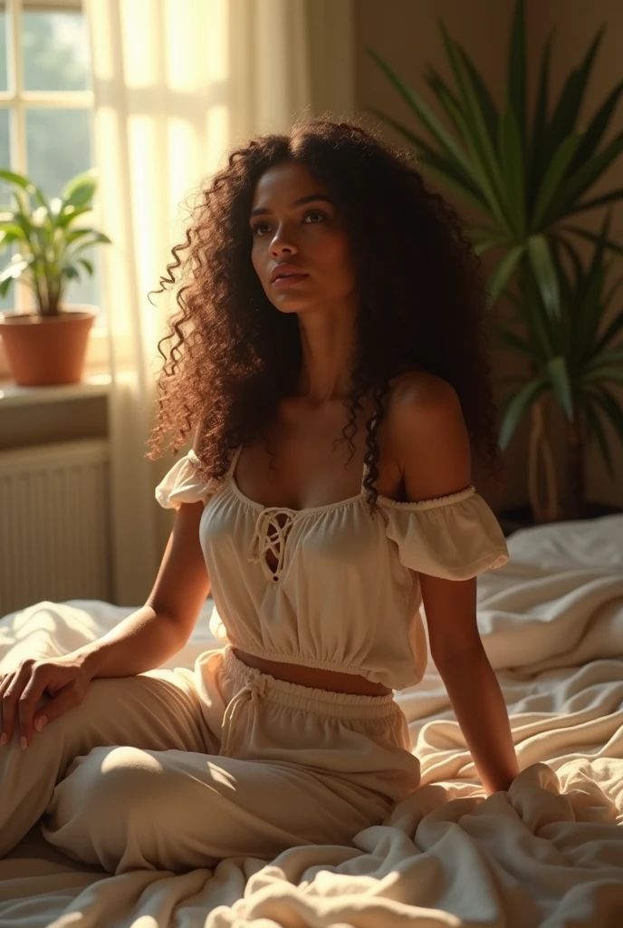 (photorealism:1.2), beautiful woman, sitting on bed, wearing loose off-shoulder top, pajama pants, long curly hair, indoors, soft lighting, plants in background, window with sunlight, cozy room, relaxed pose, realistic, intricate details, warm colors, by Greg Rutkowski, by Alphonse Mucha