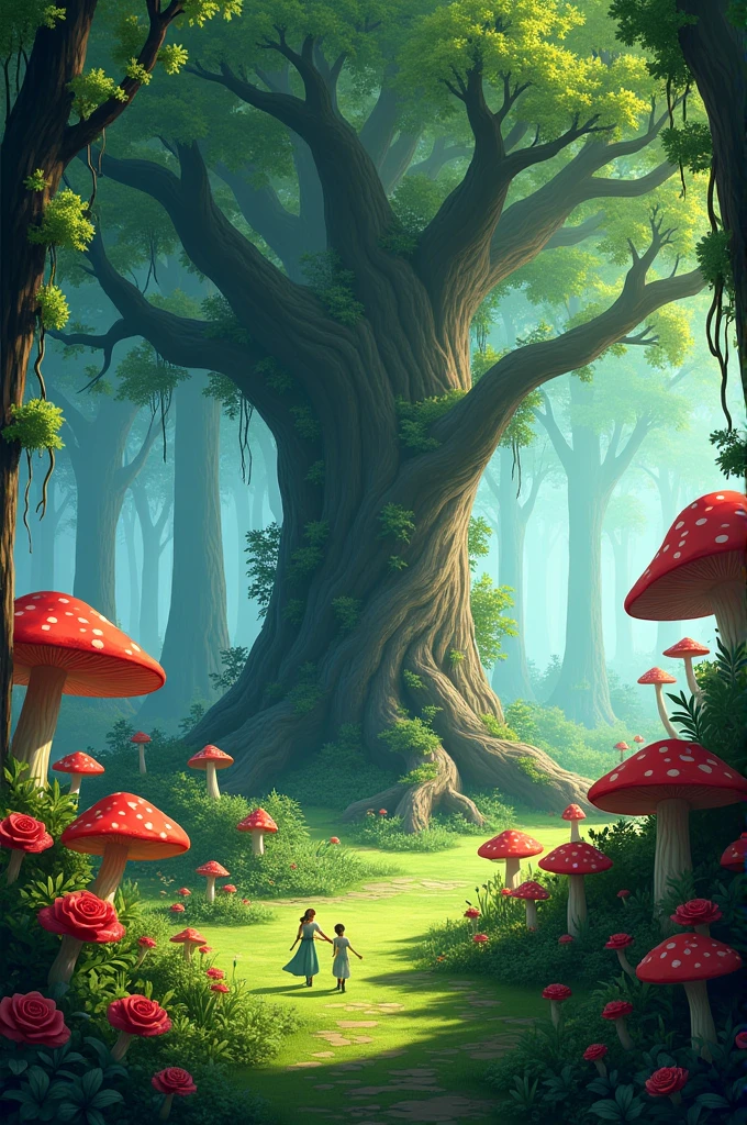 tree background, forest, Grass and large red mushrooms, with red rose bushes animated design