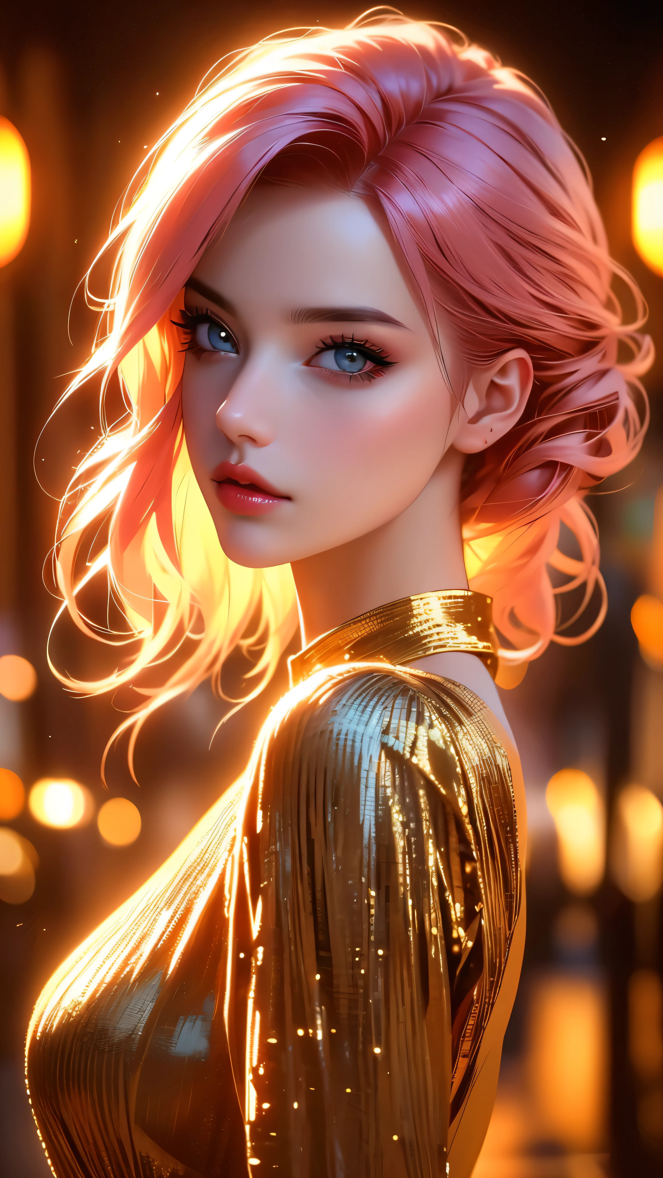 a beautiful woman in a beige dress with expressive beautiful eyes, posing, urban cityscape, black jacket, pink hair, golden hour, shallow depth of field, atmosphere of a first date and young love, (best quality,4k,8k,highres,masterpiece:1.2),ultra-detailed,(realistic,photorealistic,photo-realistic:1.37),intricate details,extremely detailed facial features,gorgeous detailed eyes,beautiful detailed lips,stunning portrait,cinematic lighting,warm color tones,romantic ambiance