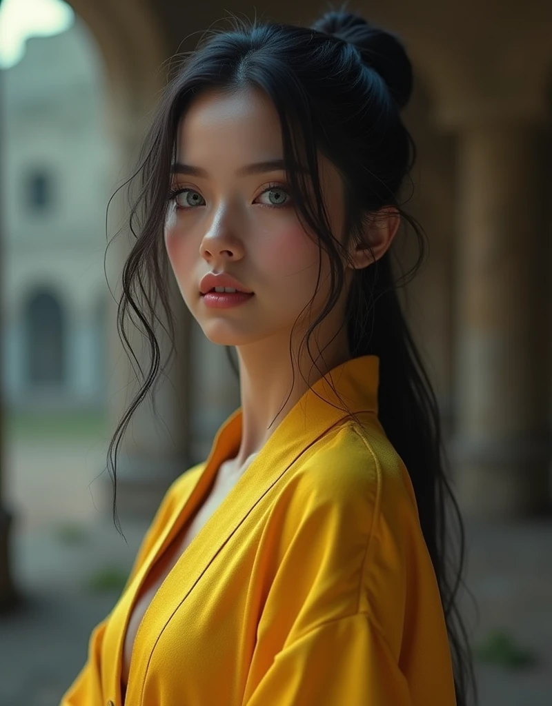 (The best quality,Ultra HD 8K, A ultra high resolution, Ultra - detailed,actual:1.4 ),Ariana Grande in yellow kimono open, Back-View,(Ruined dungeon ruins background:1.4 ), score_9, score_8_above, score_7_above, score_6_above, classification_explicit, 1 girl, ((18 years:1.2)), adult, full lips, ((by rubio:1)), (cabello ondulado long: 1.2),(Face details: 1.5, bright blue eyes, beautiful face, pretty eyes, iris coating, thin lips: 1.5, delgado, pale and sharp eyebrows, long, dark eyelashes, double eyelashes),(dynamic pose de vaquero : 1.4)), (perfect hands detailed : 1.5), (( young woman alone, oriental features: 1.6)), (( beautiful, sensual and self-confident: 1.5)), (( light Brown and shiny eyes, by afro:1.5)), ((ultra detailed:1.5)), sensual smile, beautifuls labios carnosos y brillantes., with tattoo on arm and cheek, Attractive hairstyle:1.2, cyberpunk, cyberpunk guapo, dreamer, ((beautiful and detailed hair., soft and shiny:1.3)), dark atmosphere, ropa cyberpunk, Ultra-realistic 8K,(white giant dragon background:1.4), cyberpunk 20 años. a model , The portrait, Very detailed 32k digital art, beautiful digital artwork, cyberpunk. ((colors, cian, vegetables, rosa, Brown: 1.2)), Realistic 8k digital art., soft neon lighting on the face and body, ((Very detailed: 1.4), ((masterpiece)), (hyper detailed and beautiful: 1.3), (photorealistic: 1.4),( perfect anatomy), ,(Ruined dungeon ruins background:1.4 ), (dynamic pose), (estilo encaje lioferie white :1.4), (back view, back view),of_DeepNegative_v1_75t, full body, physically-based rendering,professional,studio sunlighting,extreme detail description,nsfw,massif high saturate.varies,multi,etc. --v 6 --s 1000 --c 20 --q 500 --chaos 100