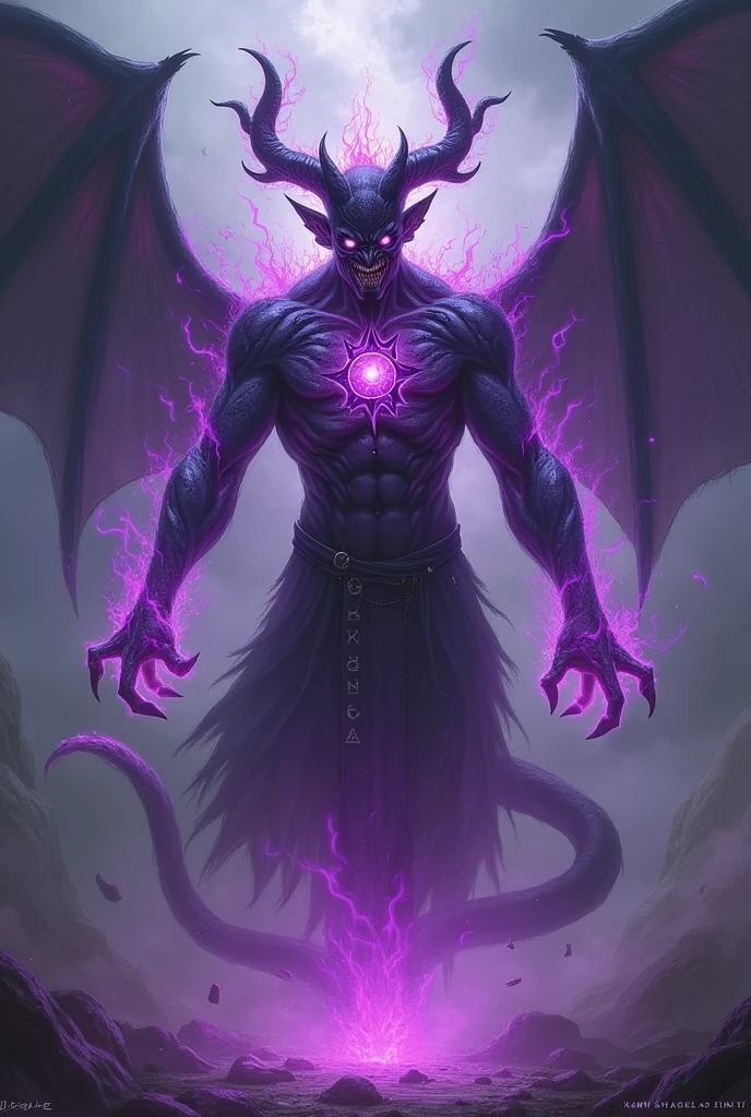Create a demon with a purple and black fire color, with dark purple flames, its body full of purple fire.