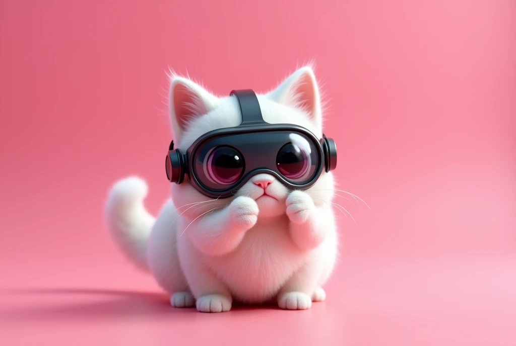 pink background a headset with a 3d 
cute cat in center fluffy 