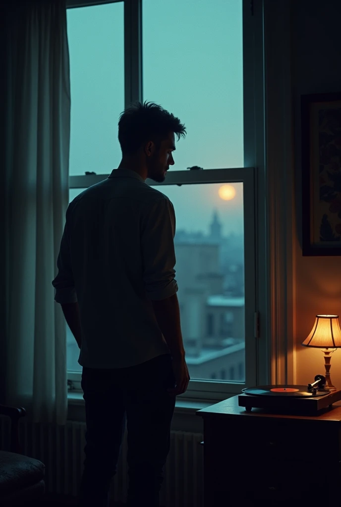 Man looking out the window of his building with his back turned, 
while listening to a BLUE on vinyl 