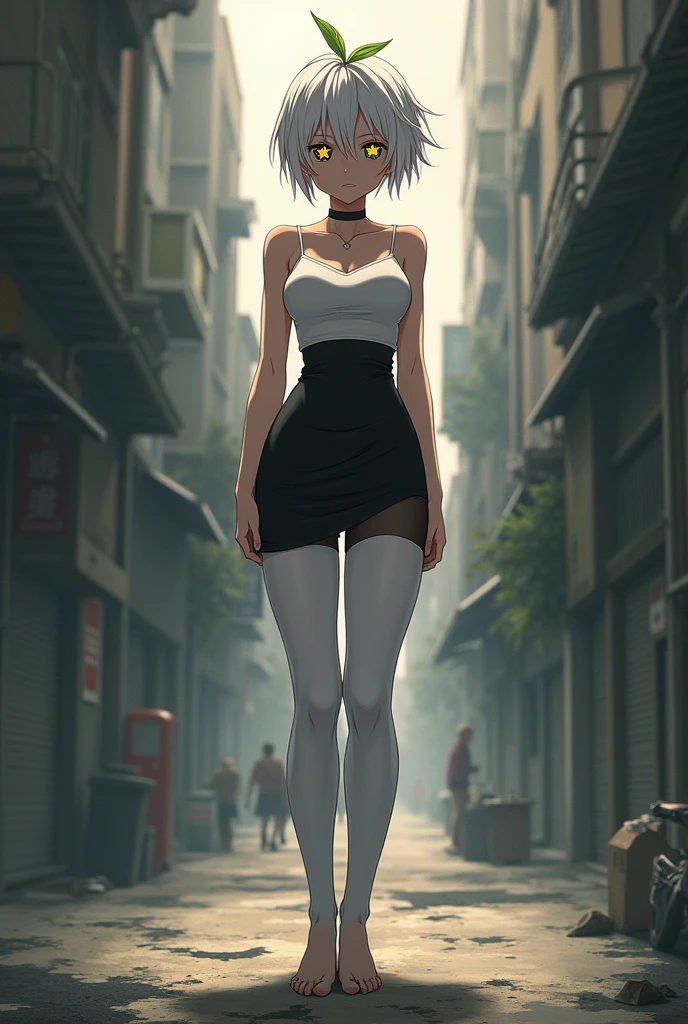 My Hero Academia,Female gender,white hair with a single plant on the head, black eyes with yellow star pupils,short hair with a masculine cut, a lot of chestiness,feminine,Whole body,large hips and thighs, E cup bust,white tank top,white and long stockings,barefoot,black semi-transparent bodycon skirt
