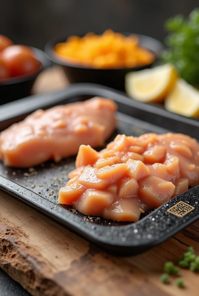 A diced chicken breast product in a recyclable container, considering it is for sale and include the Bucanero Pollo company logo. , Put a QR code on the container. , a flat container