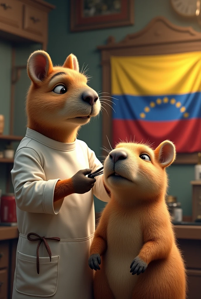 A capybara working as a barber trimming another capybara with a Venezuelan flag in the background.