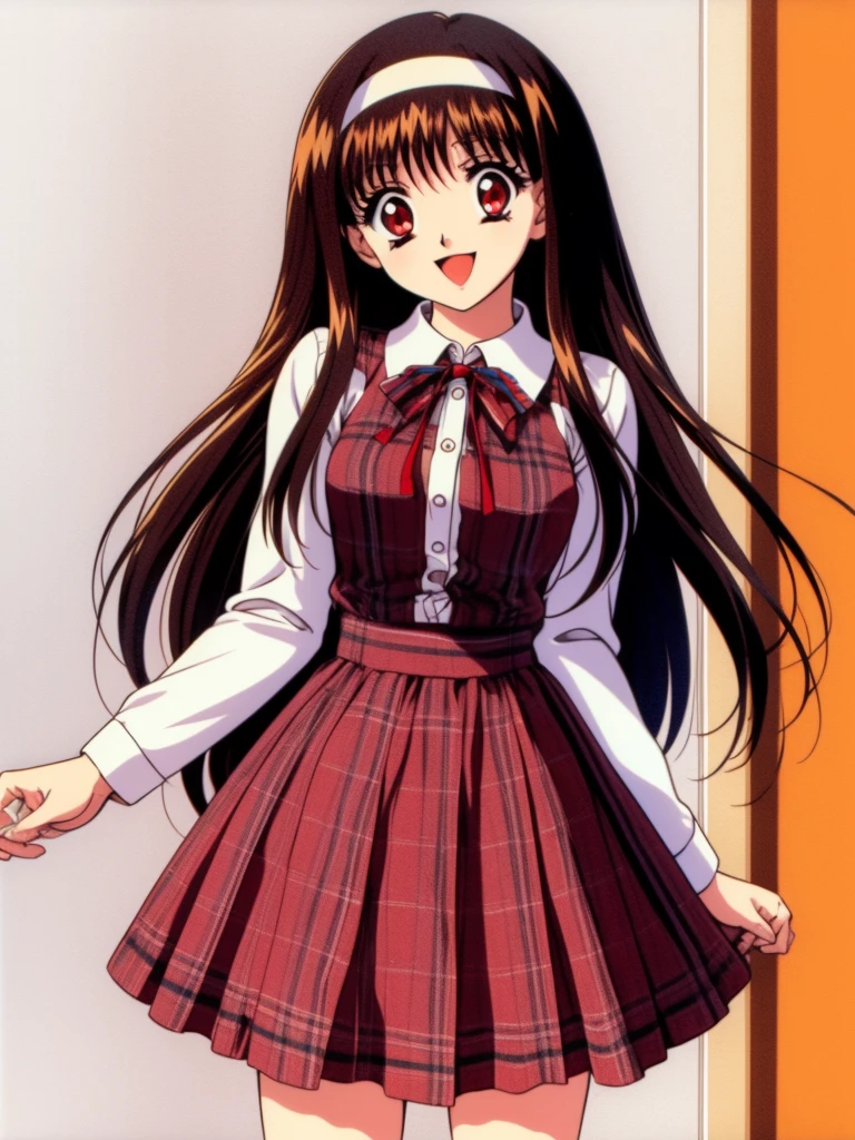 Yuuki Mizuho, One person, alone, Long Hair, hair band, Brown Hair, skirt, Red eyes, Plaid, Striped, ribbon, Open your mouth, Plaid skirt, smile, retro artstyle, Long sleeve, shirt, 1990s (style), red skirt
masterpiece, expensive quality, very_expensive_solve, big_file size, Full Color,