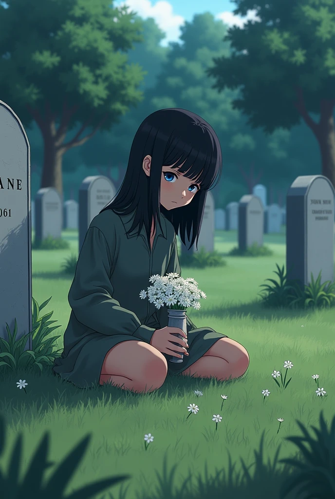 Black-skinned anime girl with straight black hair , slim, blue-eyed, short stature,  Looking at a grave with white flowers in her hands, while sitting in a cemetery 

