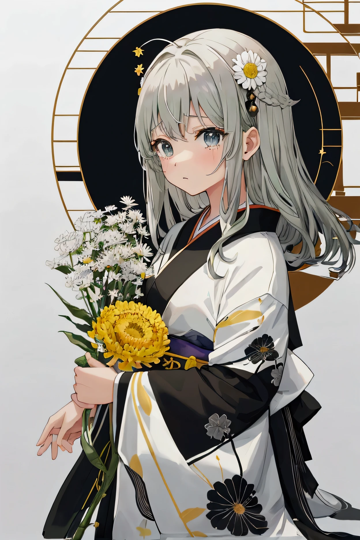  Very detailed, There&#39;s a girl in the sky, Anime illustration、、Black long hair、BraidsJapanese、The hair ornament is a green chrysanthemum pattern.、Eyes are brown、Eyelashes are black、Stars in your eyes、Tears well up、The clothes are black and have long sleeves.、Small breasts、The background is white chrysanthemum flowers、Only white chrysanthemum flowers、The limbs are accurate、Five fingers each、The colour used is、black、white、grey、brown、Dark green、War Memorial Ceremony、Japan、masterpiece、High quality production、sorrow、Wear black shoes、Summer August、Paintings by famous Japanese artists、